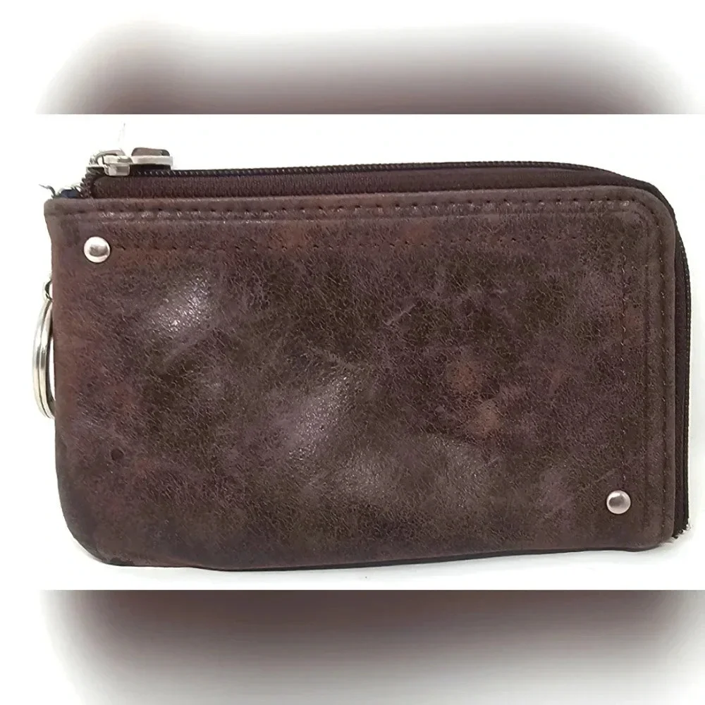 Fossil Small Brown Leather ID Card Coin Holder Logo Key Ring Multi-Pocket Wallet